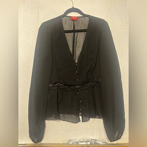 Dorothee Biss Long Sleeve Shear Blouse Black V Neck Size XL (587)